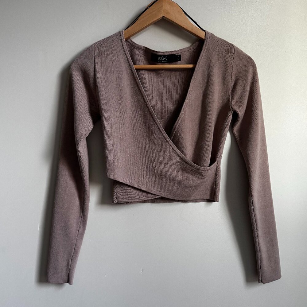 Icone Beige Brown Wrap Crop Top - Long Sleeve
